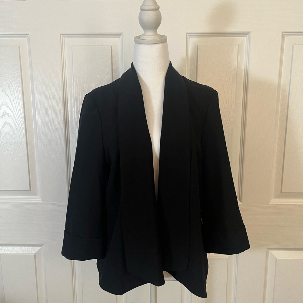 Kasper Black Open Front Blazer Size 12 3/4 Sleeve Career Jacket